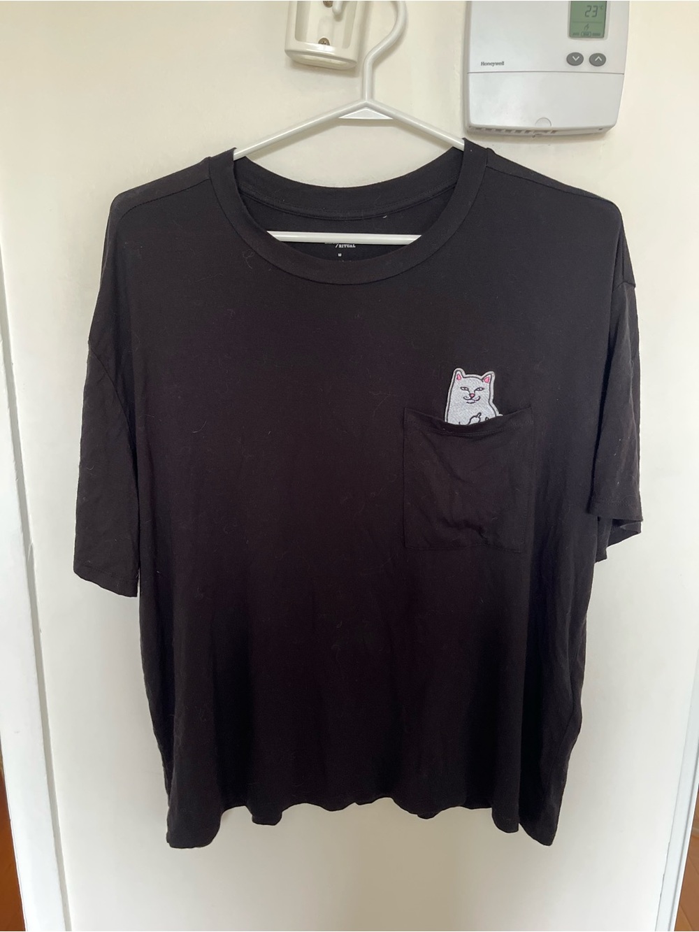 Black Pocket Tee with Cat Patch - Men’s Casual Shirt